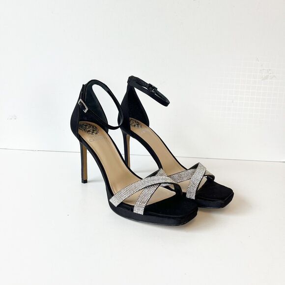 Vince Camuto Kalvira 2 Platform Heels Silver Rhinestone Black Satin Size 8 NWOB - Picture 4 of 15